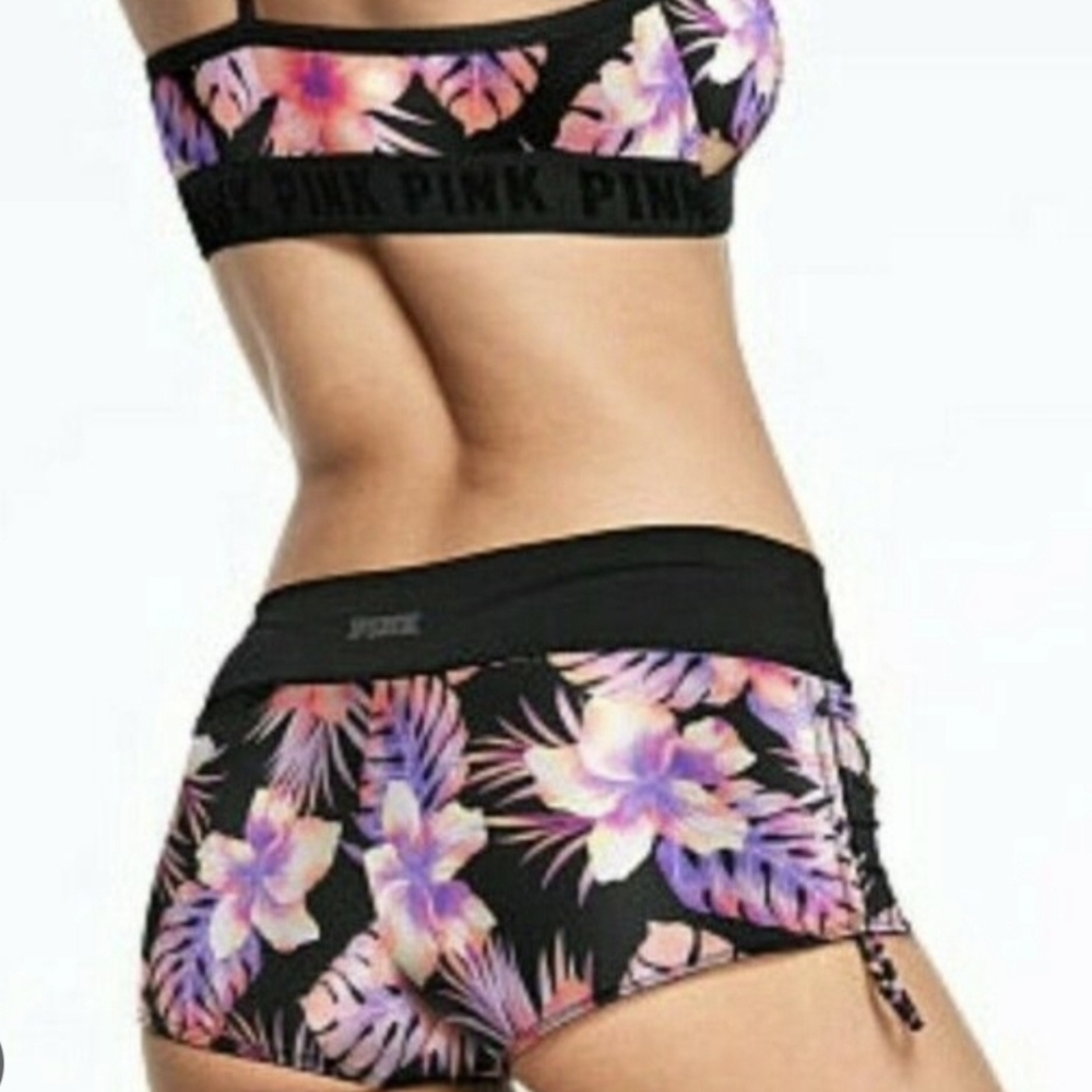 PINK Sport Victoria's Secret Black Floral Bikini Set with Purple & Pink Accents